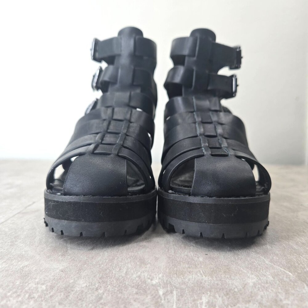 Aldo Fisherman Sandals Sz 7 Black Leather Grunge Goth Strappy Caged Chunky Lug - Picture 3 of 12